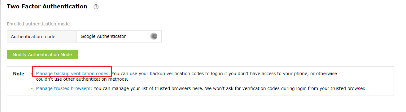 Registering for backup verification code