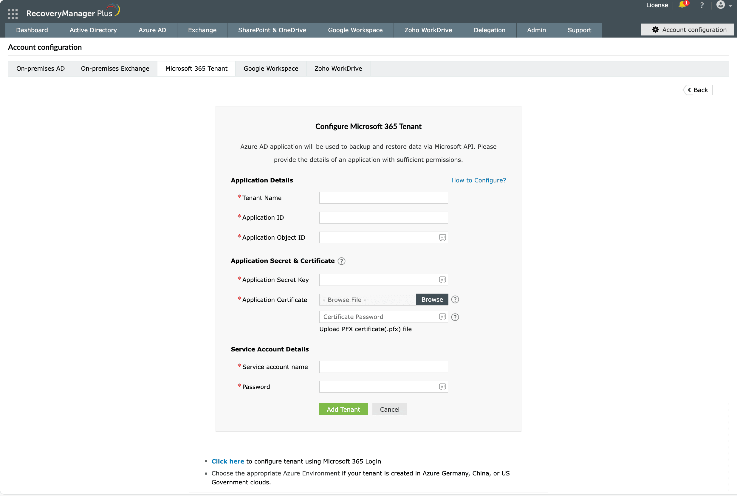 RecoveryManager Plus 中的 Azure 应用配置