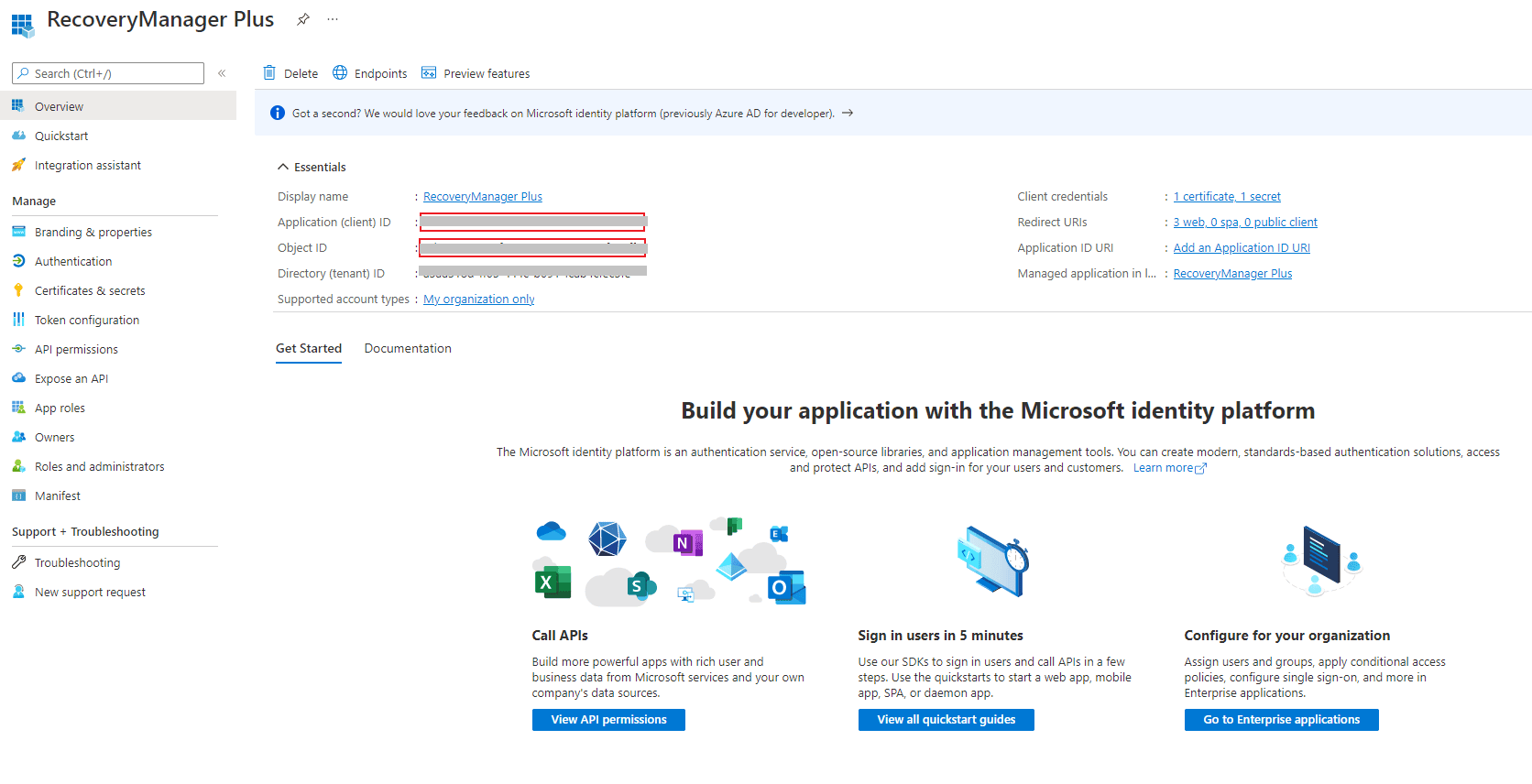 复制 Application (client) ID 和 Object ID