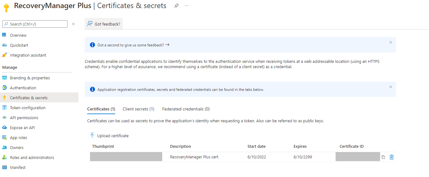 在 Certificates & secrets 部分上传 X.509 证书