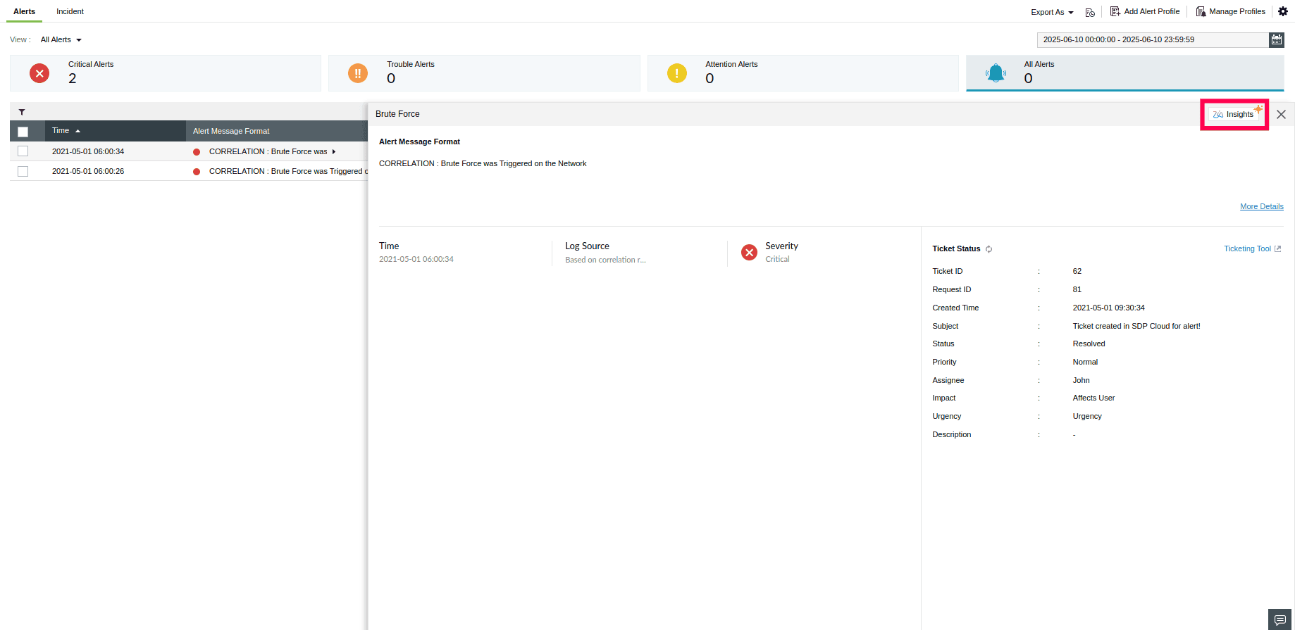 从 ManageEngine Log360 Cloud 的警报中调用 Zia Insights