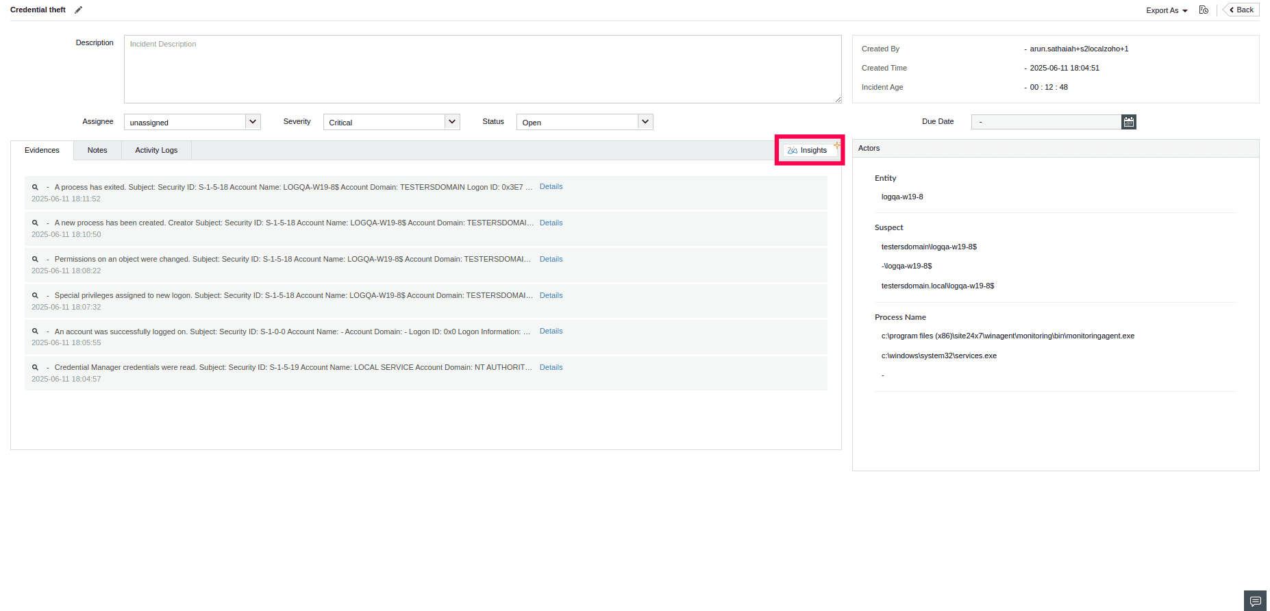 从 ManageEngine Log360 Cloud 的事件中调用 Zia Insights