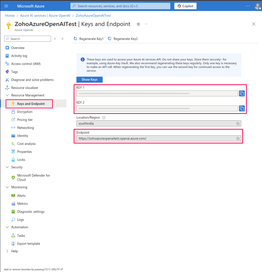 获取Azure OpenAI资源的API密钥和端点URL