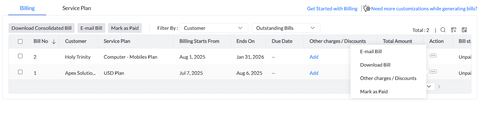 Endpoint Central MSP 中的发票管理