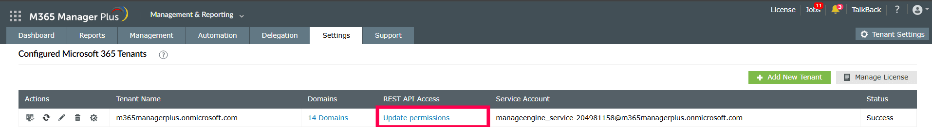 如何在 M365 Manager Plus 中移除已配置的服务账号