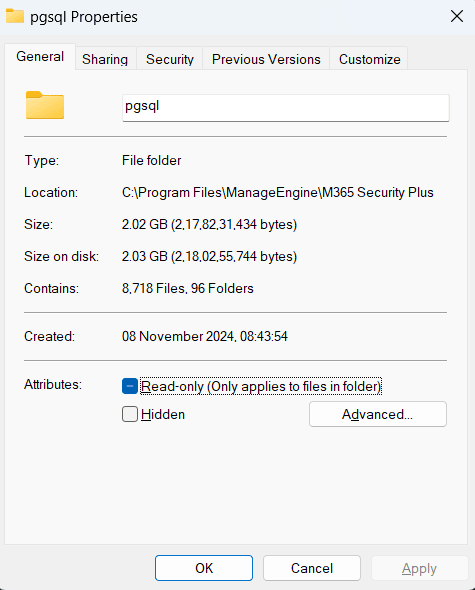 pgsql 属性窗口,突出显示磁盘上的大小字段,以指示 M365 Security Plus 内置 PostgreSQL 数据库占用的空间。