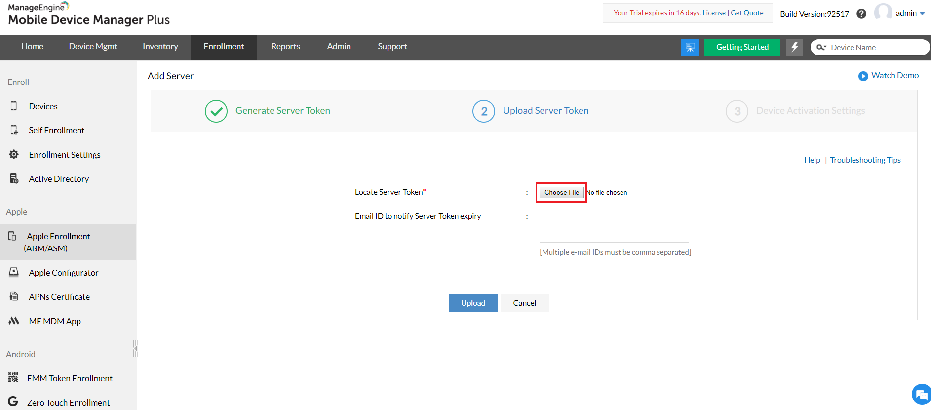 Upload server token from ABM portal