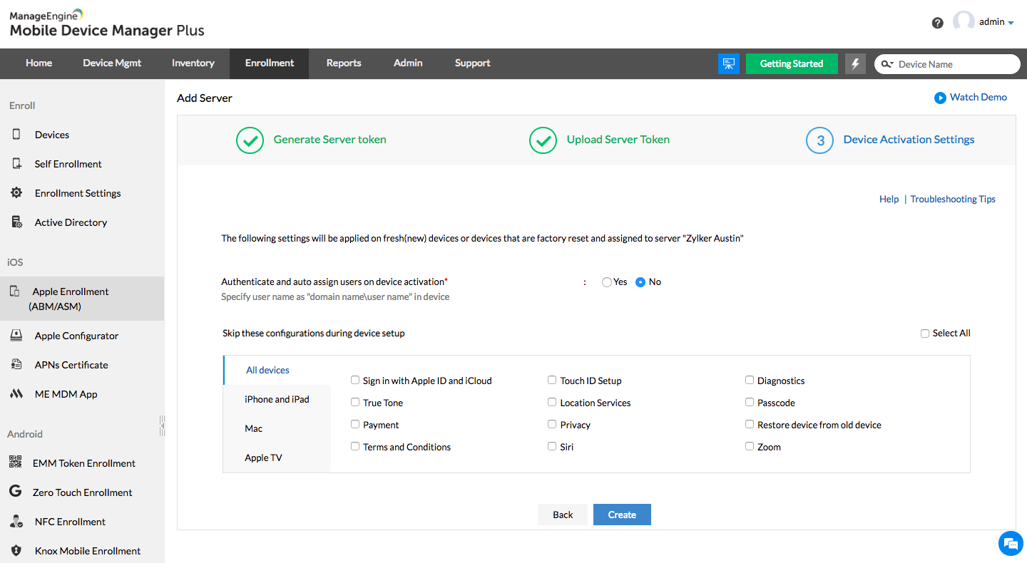 Device Activation Settings