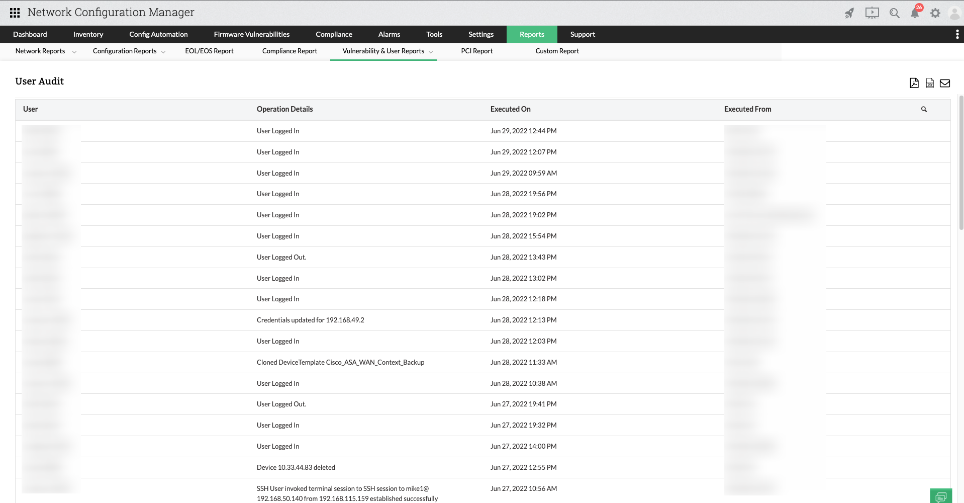 用户网络报表 - ManageEngine 网络配置管理器