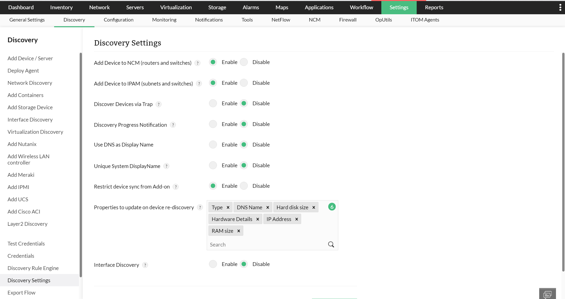 OpManager Discovery Settings