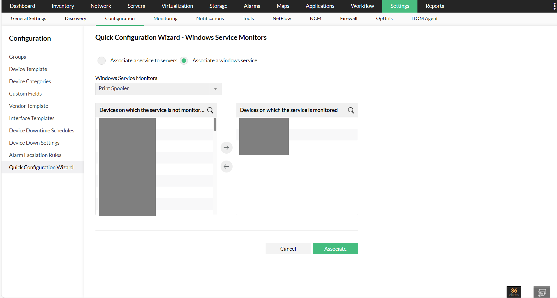 Dissociating windows services from Quick configuration Wizard in OpManager