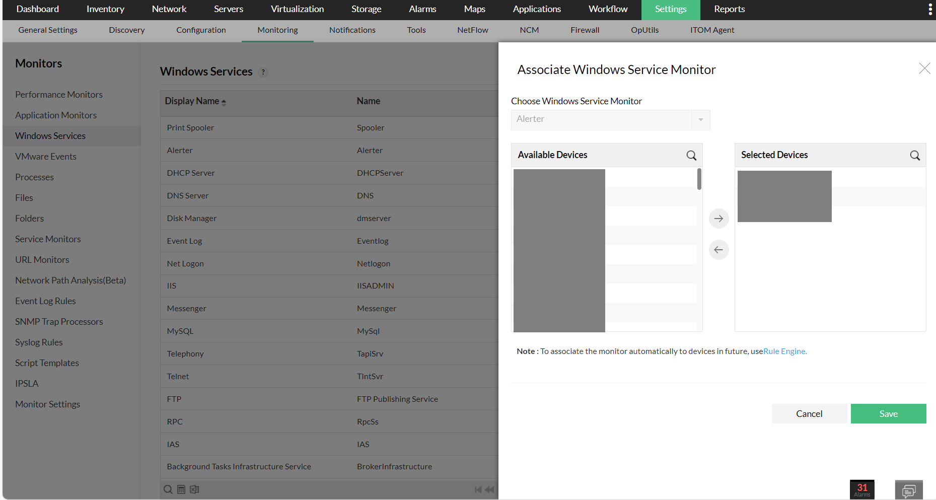 Dissociating windows services from device snapshot page in OpManager
