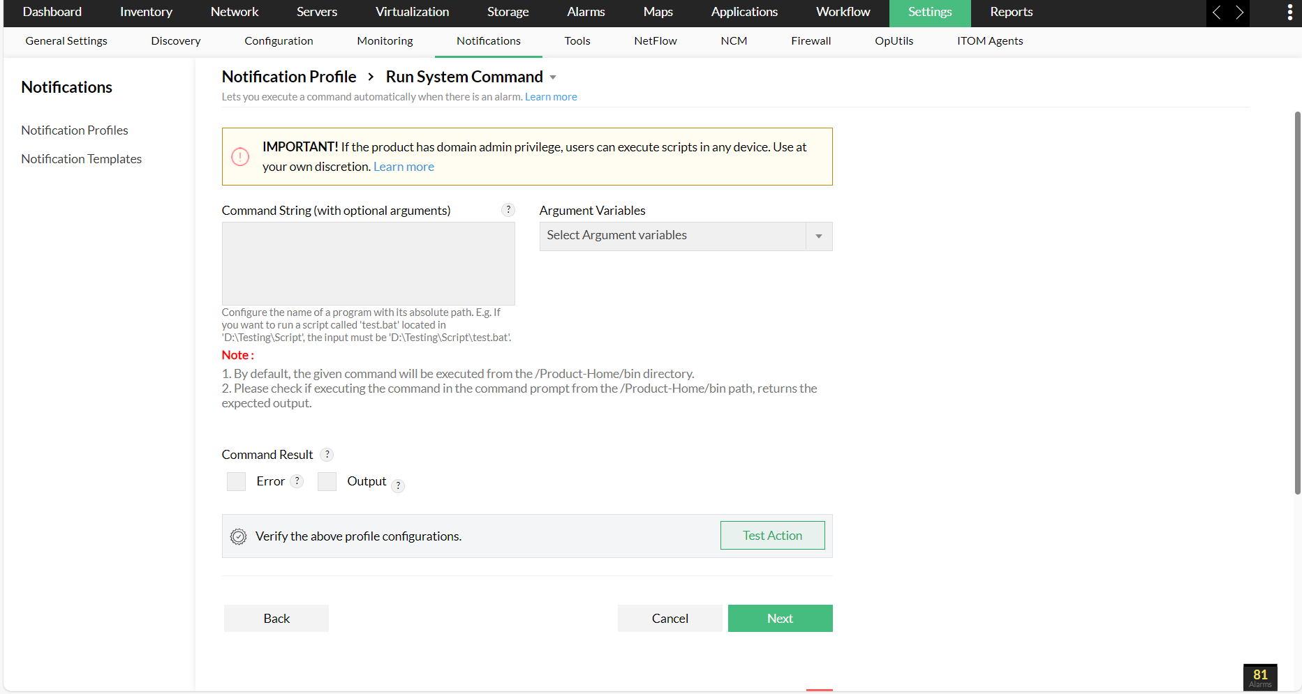 Creating notification profile to run commands
