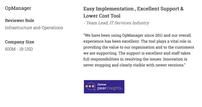 网络监控系统-OpManager - 易于实施和出色的支持 - 团队领导