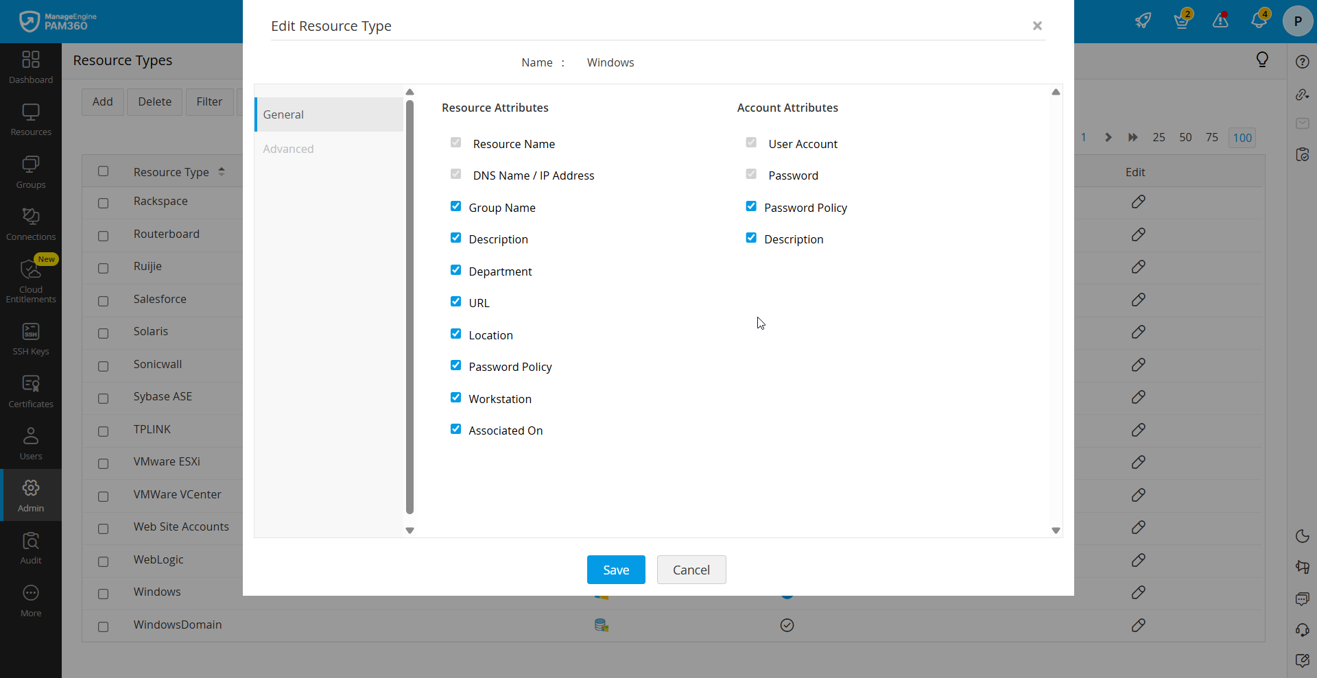 Click to Expand Edit resource type window