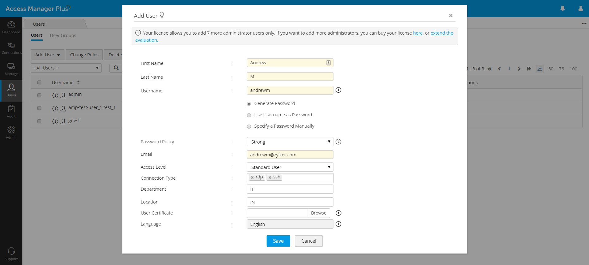 在Access Manager Plus中手动添加用户