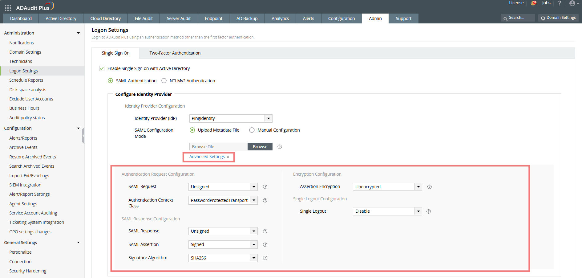 在 Ping Identity 中配置 ADAudit Plus