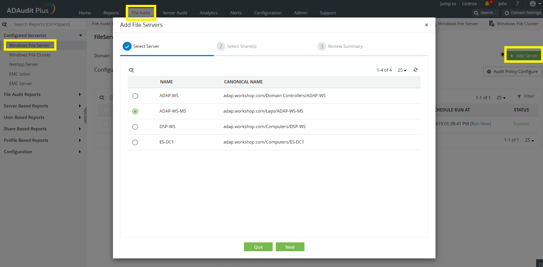 在ADAudit Plus中配置Windows文件服务器