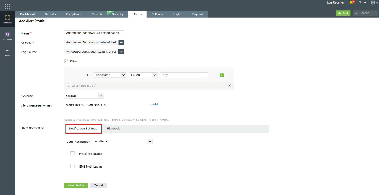 Notification settings configuration