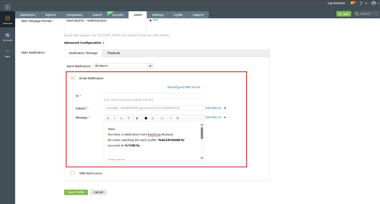 Notification settings configuration
