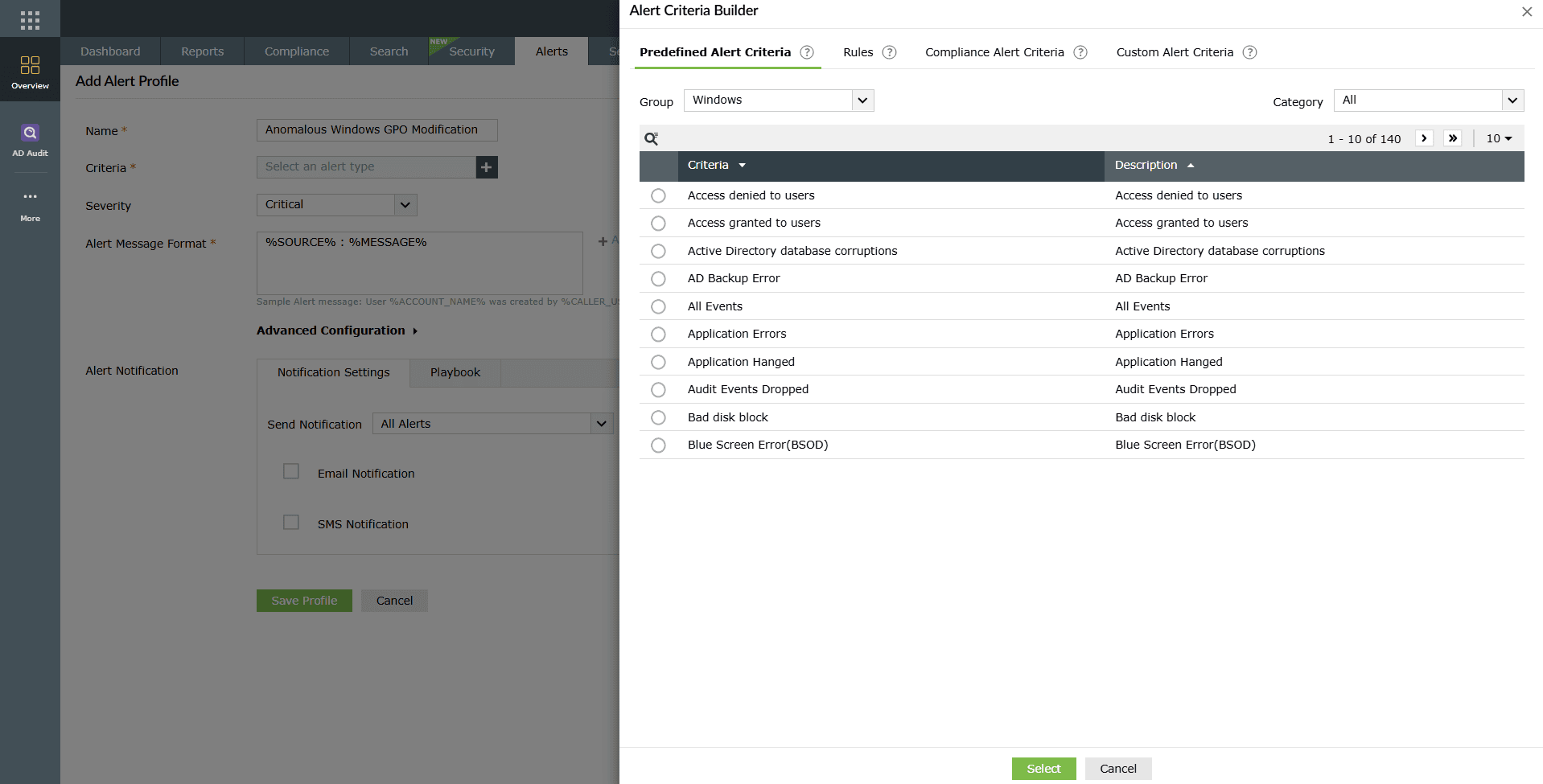 Alerts criteria configuration