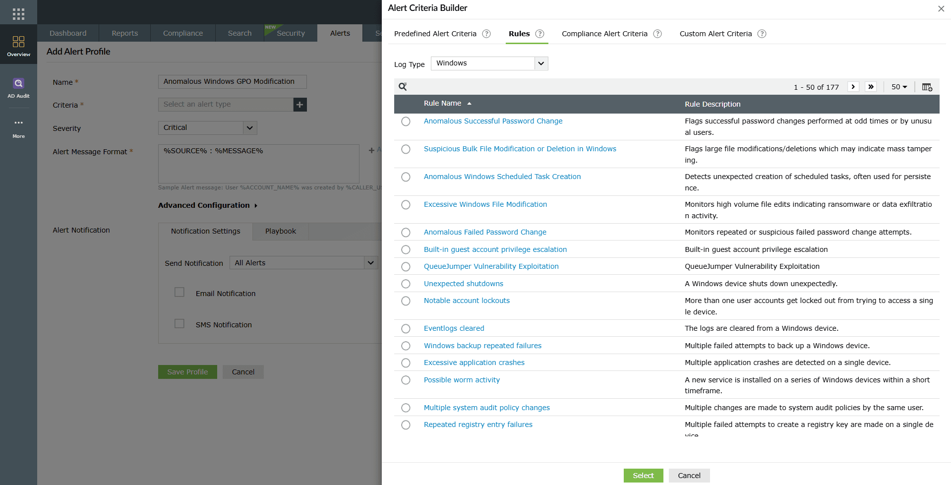 Rule-based Alert Criteria options in the criteria builder