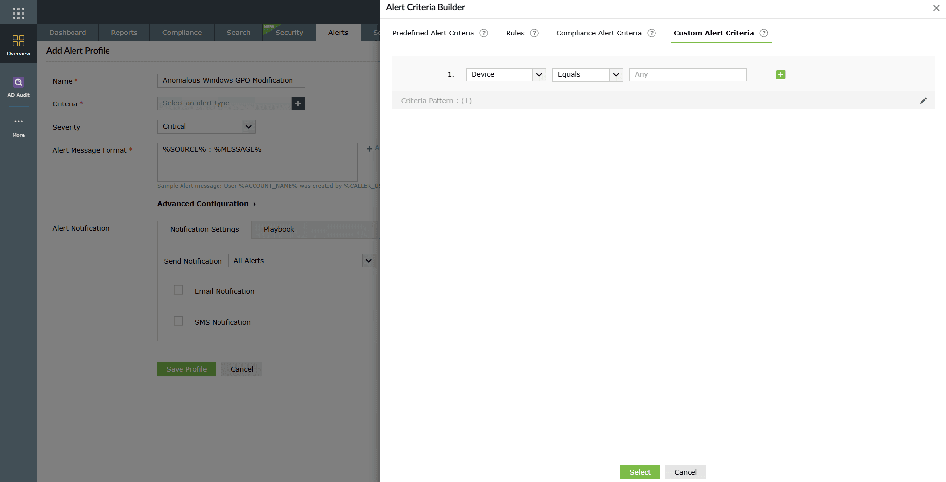 Predefined Alert Criteria options in the criteria builder