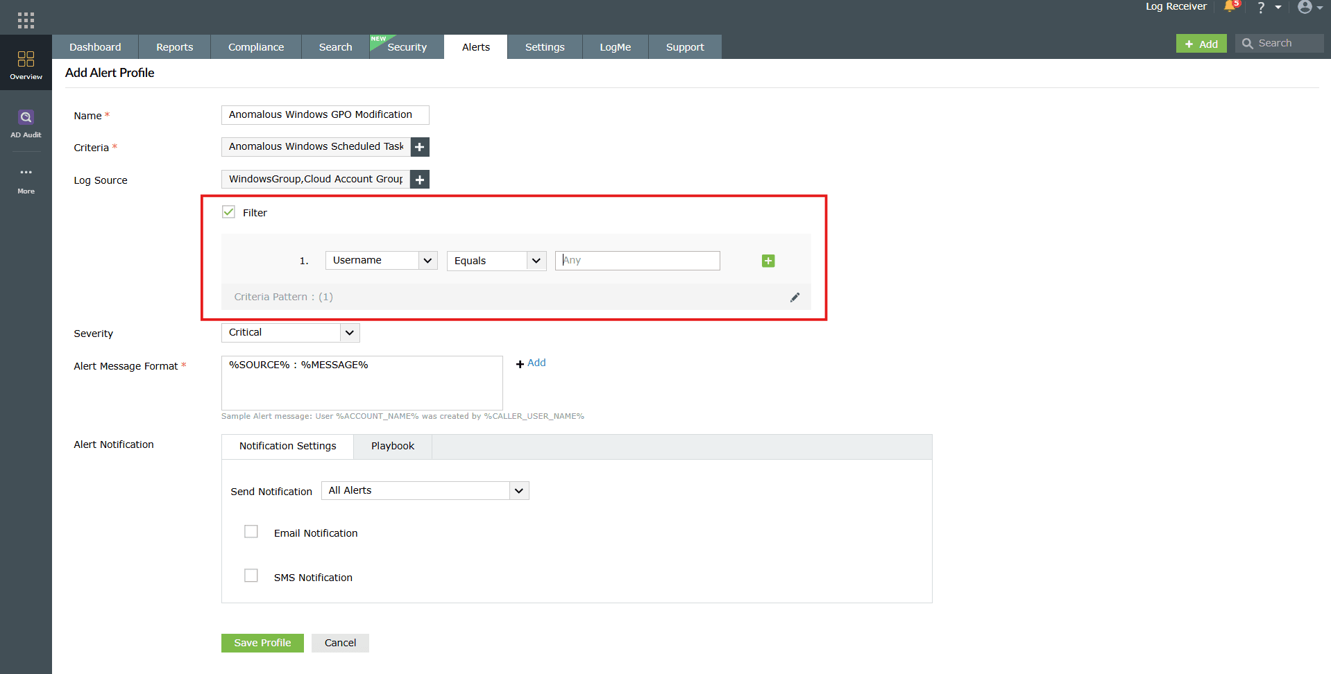 Configuring filter for log source