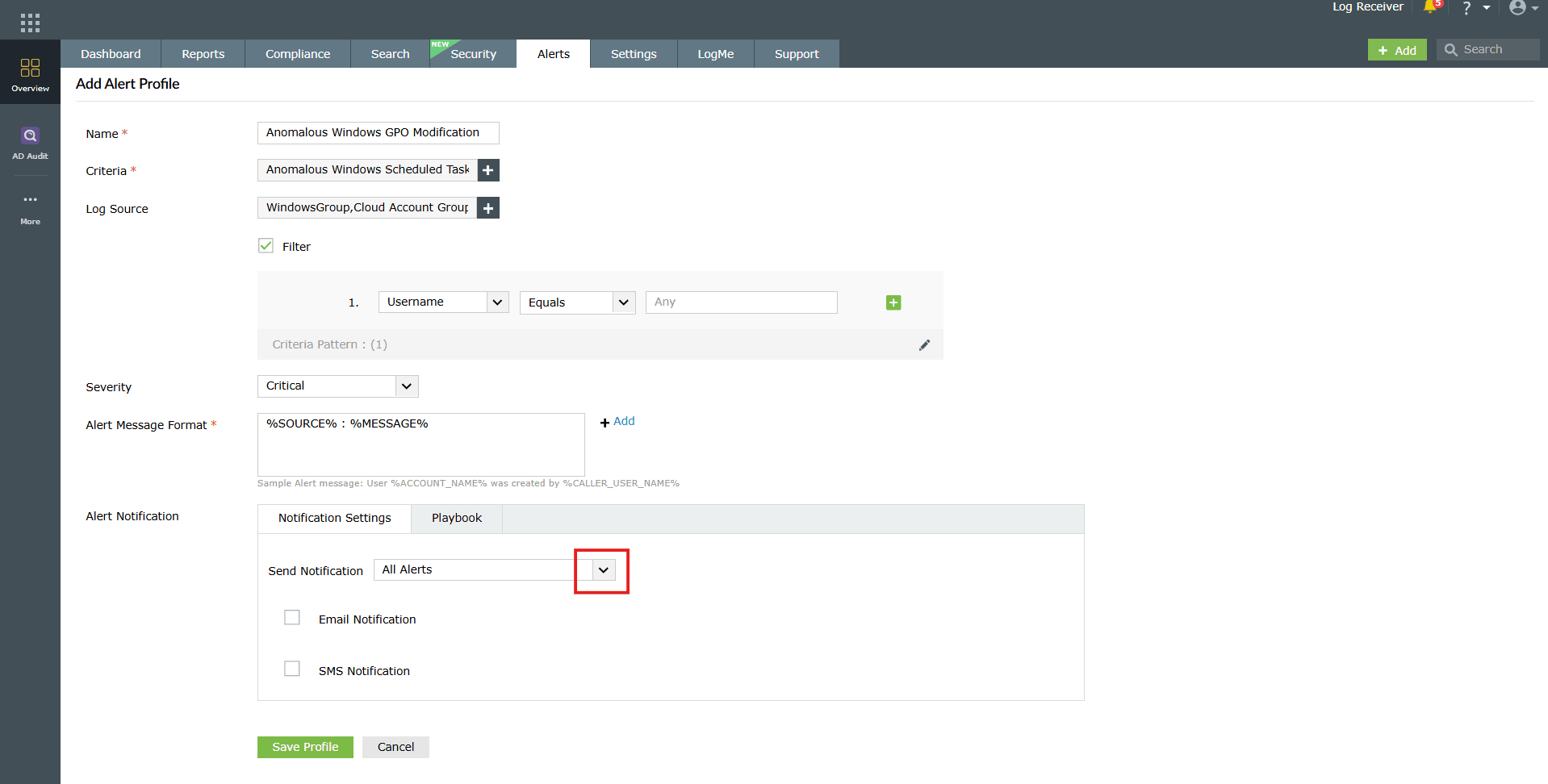 Notification settings configuration
