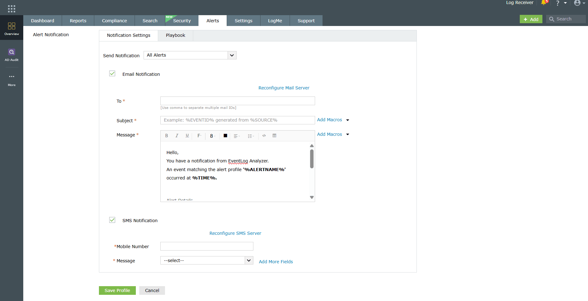 Email notification settings configuration