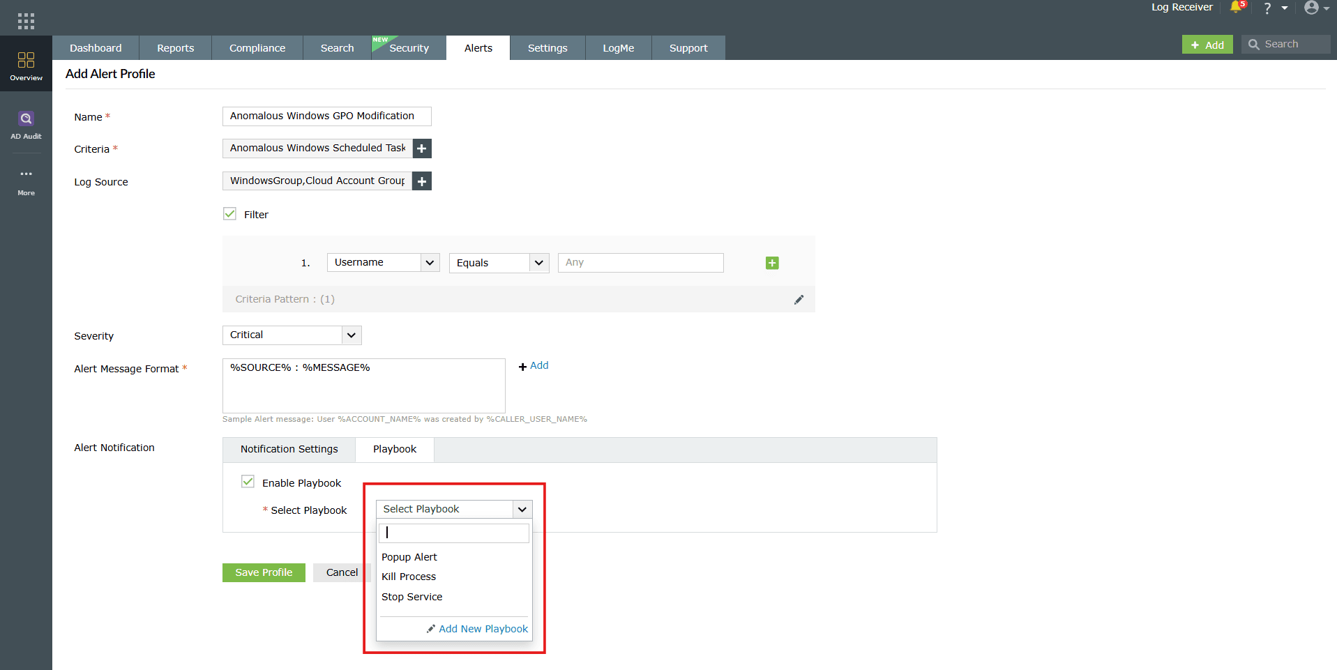 Alert Notification settings with Playbook option