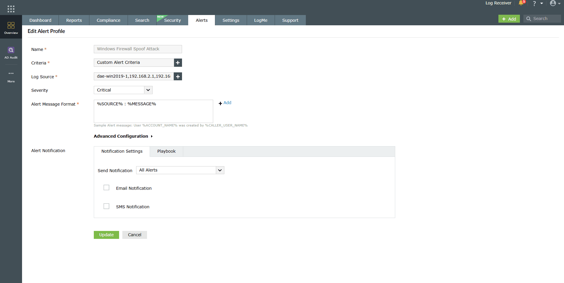 Edit alert profile via manage alert profiles module
