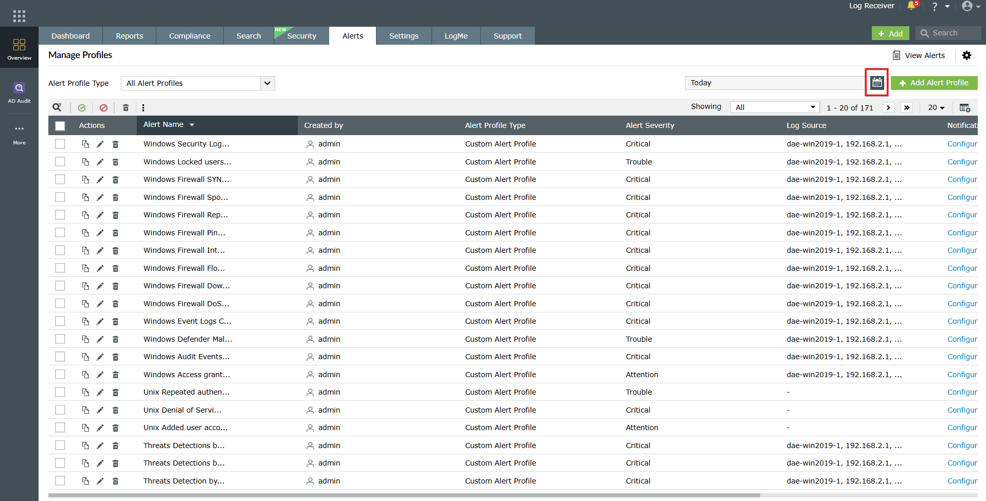 Filtering alert profiles for a time range