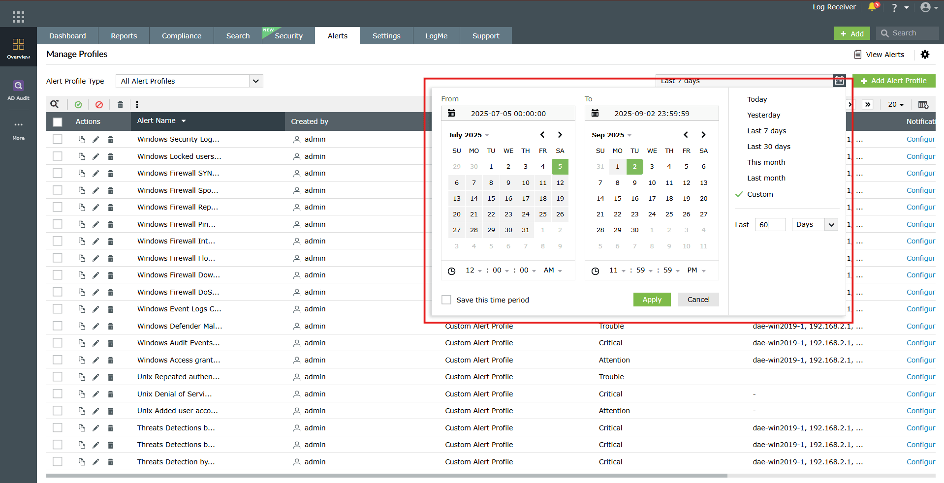 Filtering alert profiles for a time range