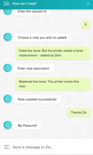 Zia 帮助台自动化 Zia 服务台聊天机器人自动化