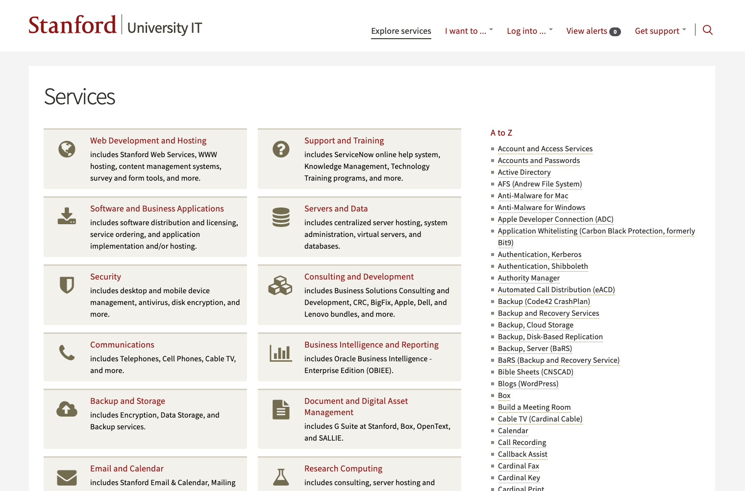 Service catalog of Stanford University