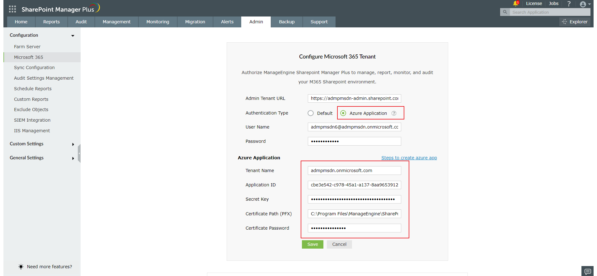 在 SharePoint Manager Plus 中配置 Microsoft 365 租户