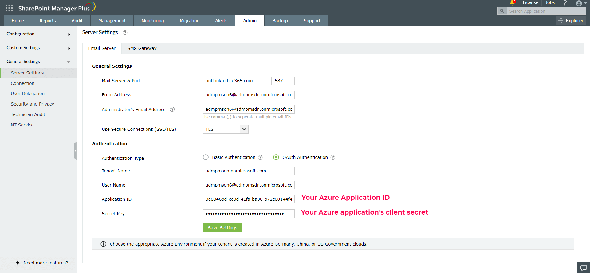 使用Azure应用在SharePoint Manager Plus中配置邮件服务器