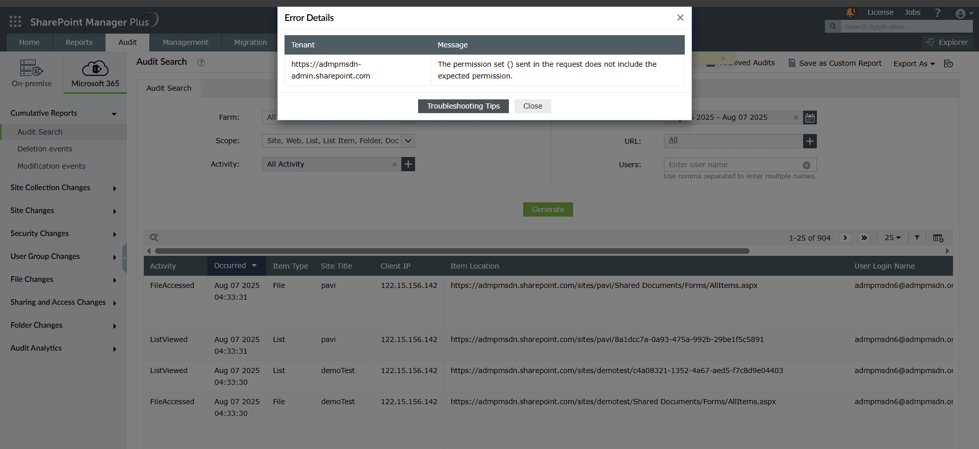 SharePoint Manager Plus 中的权限缺失错误