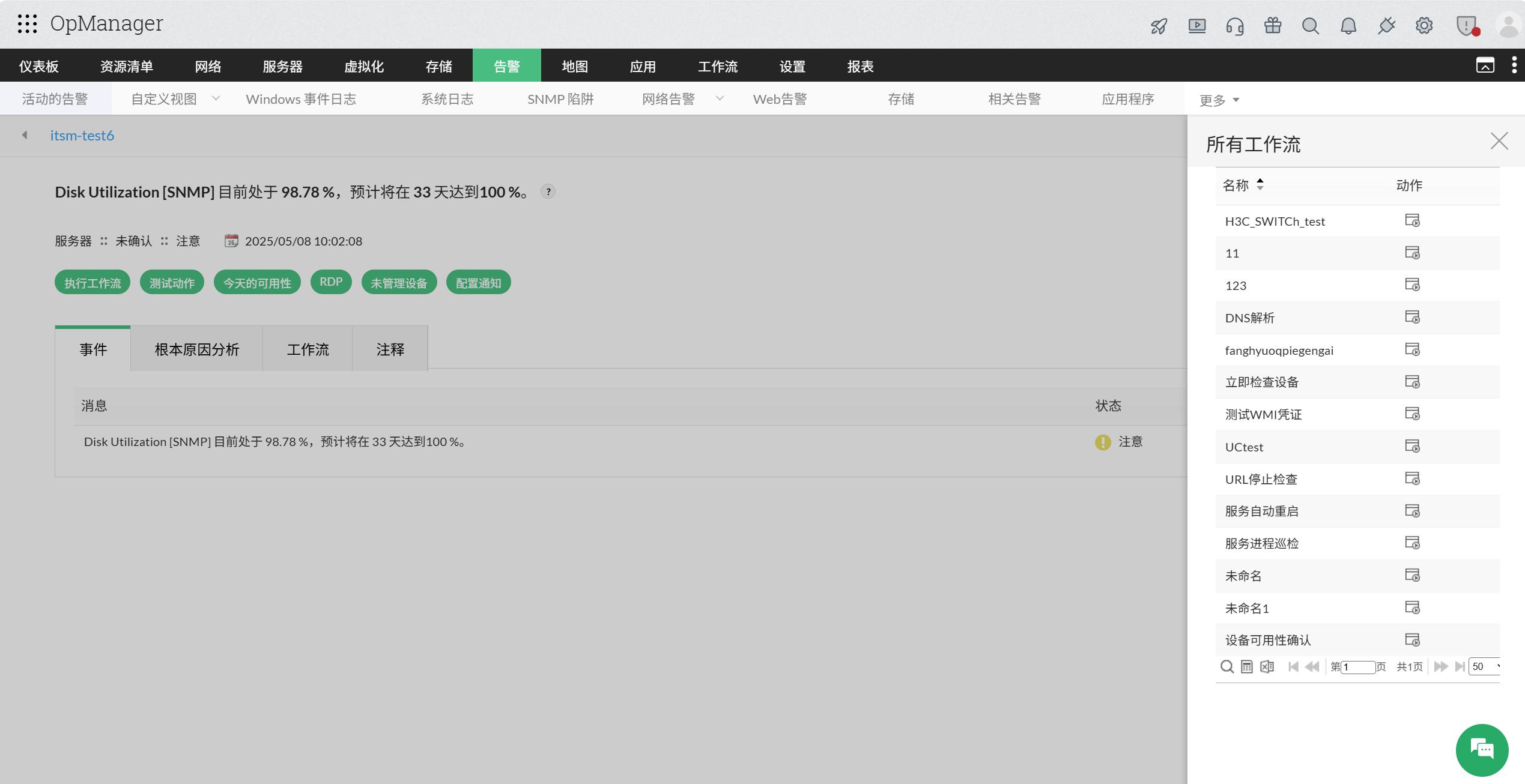 OpManager中的Zia Insights 仪表板：工作流