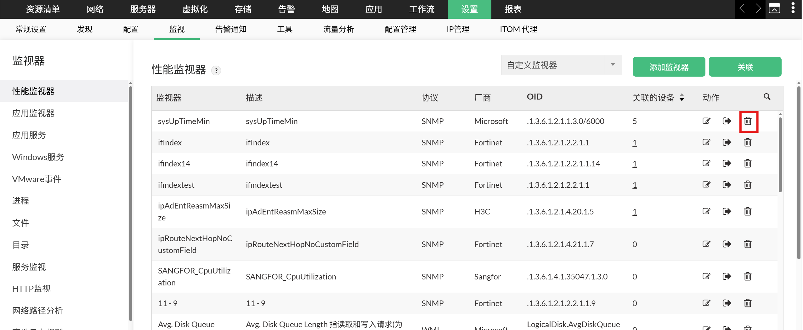 删除 SNMP 监视器 - 性能监视器页面