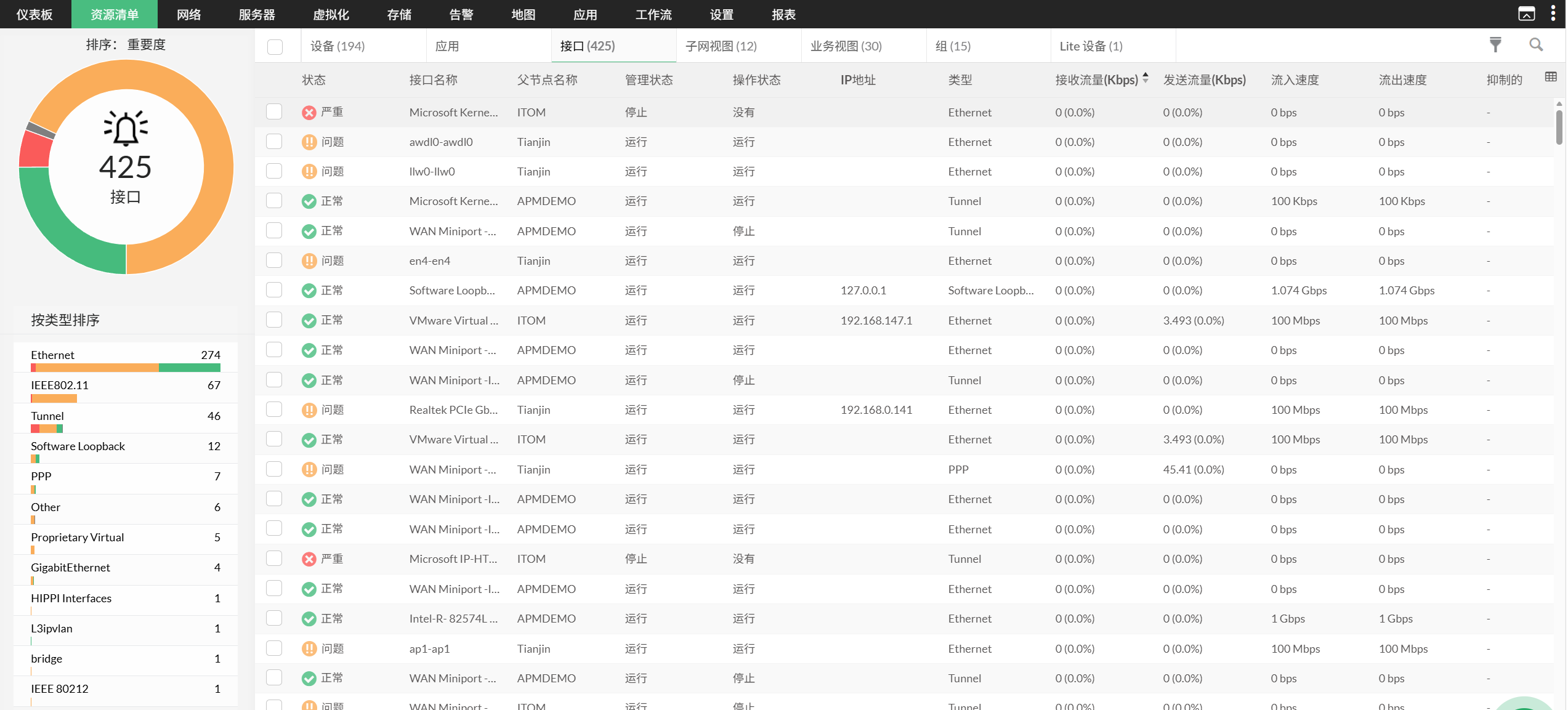OpManager 中的空闲接口：清单下的接口列表