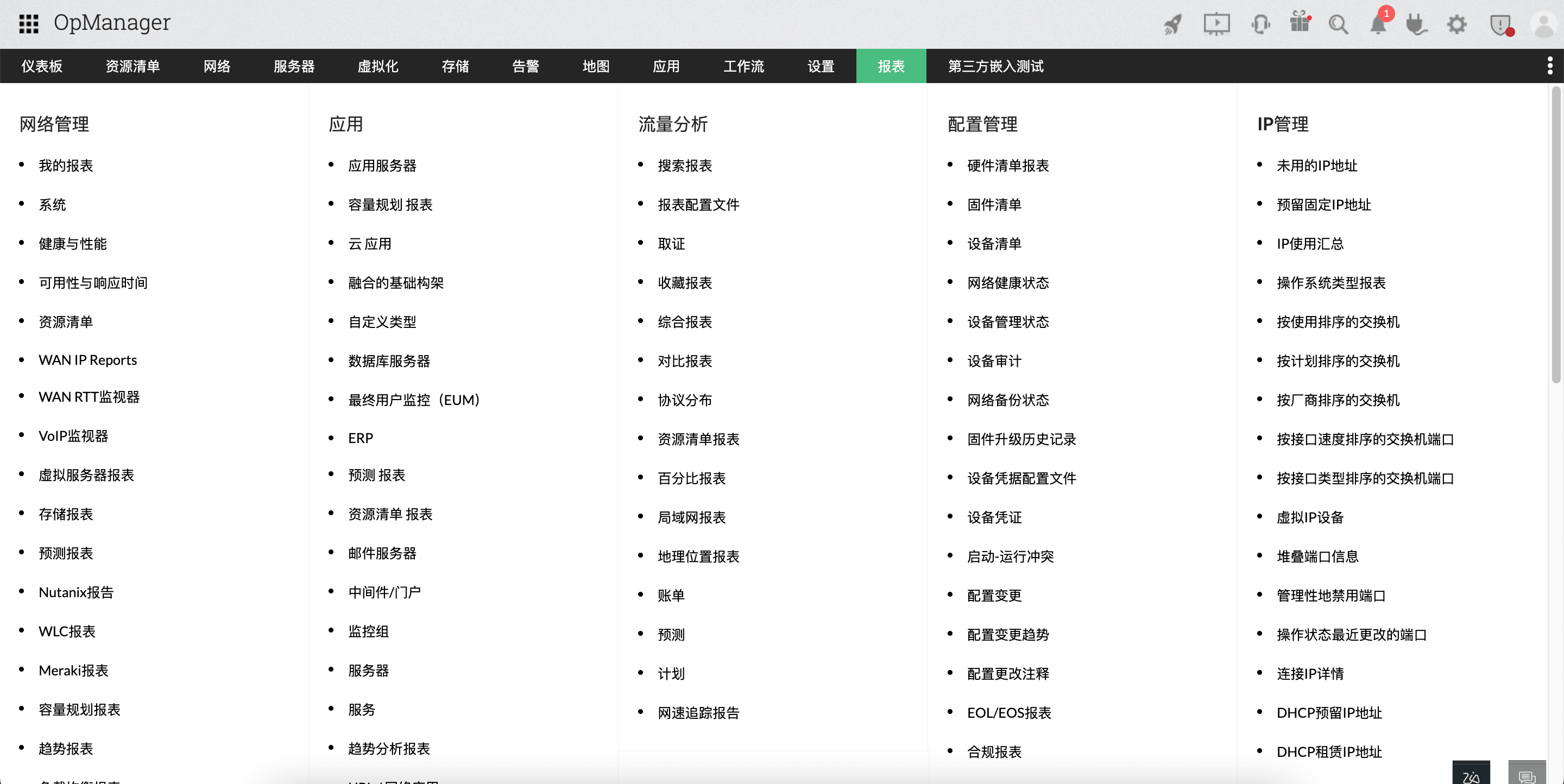 OpManager 报表：报表选项卡