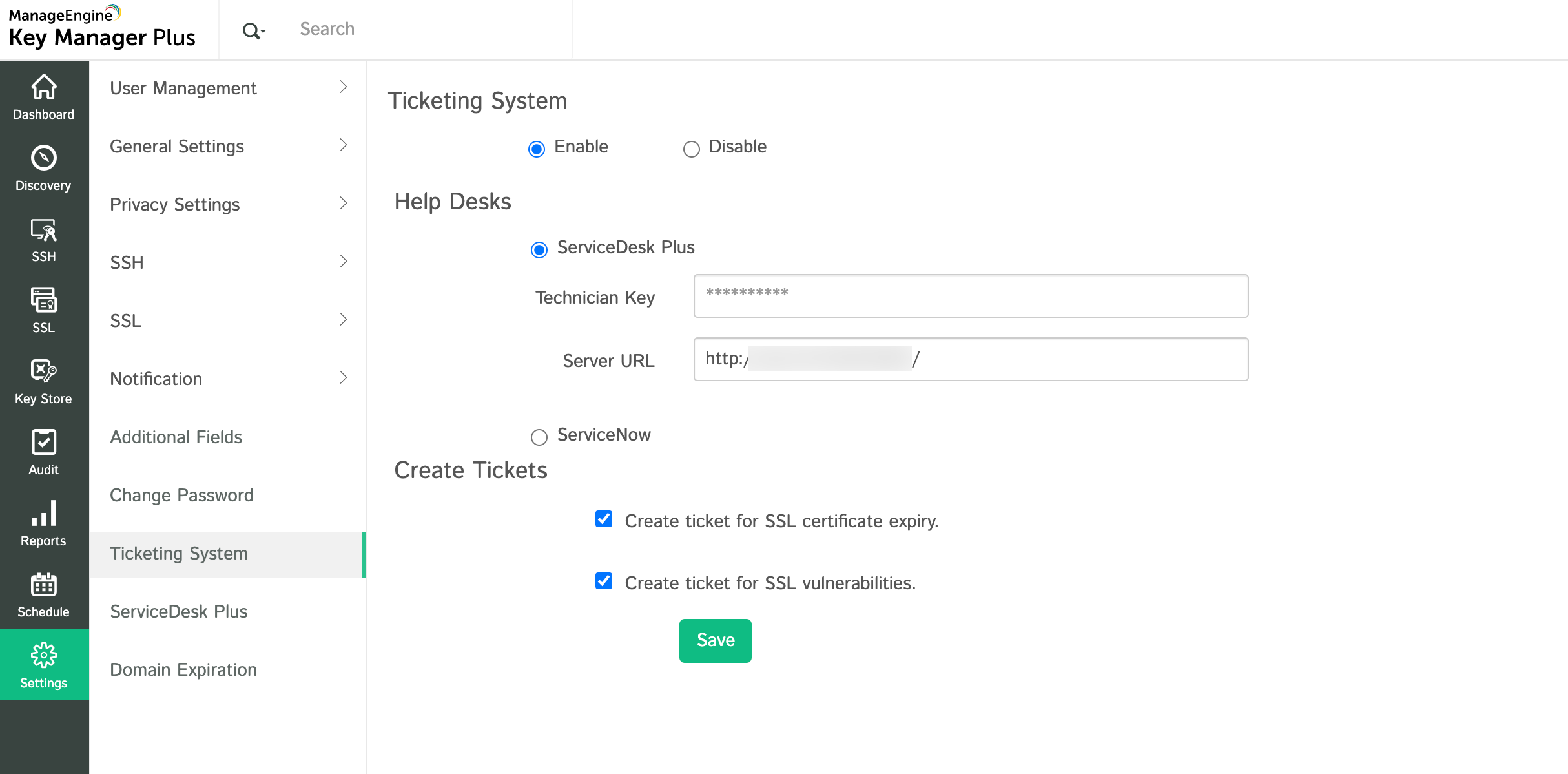 Key Manager Plus 与 ServiceDesk Plus 的集成